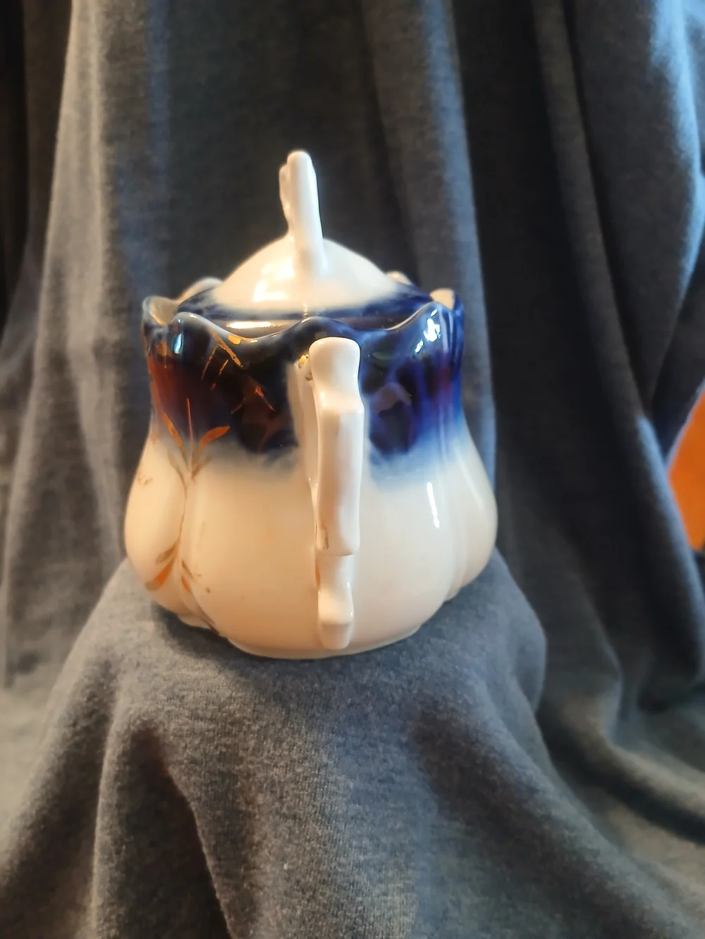 Antique Wheelock Germany Souvenier Sugar Bowl Cobalt Flow Blue Dubuque 1890s